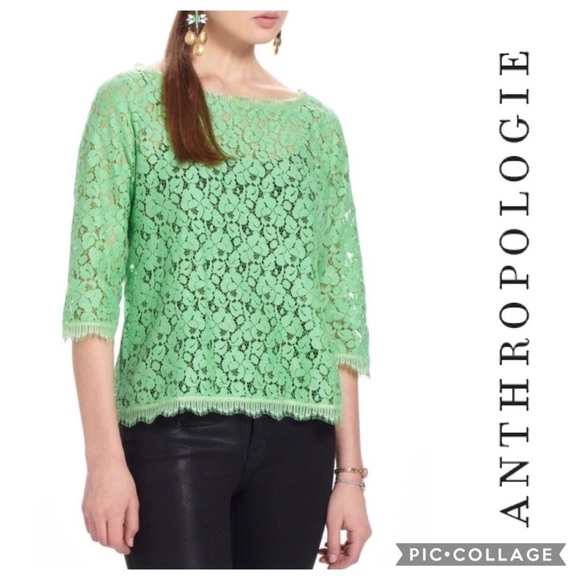 Anthropologie Green Sheer Lace Top Small - Picture 1 of 5
